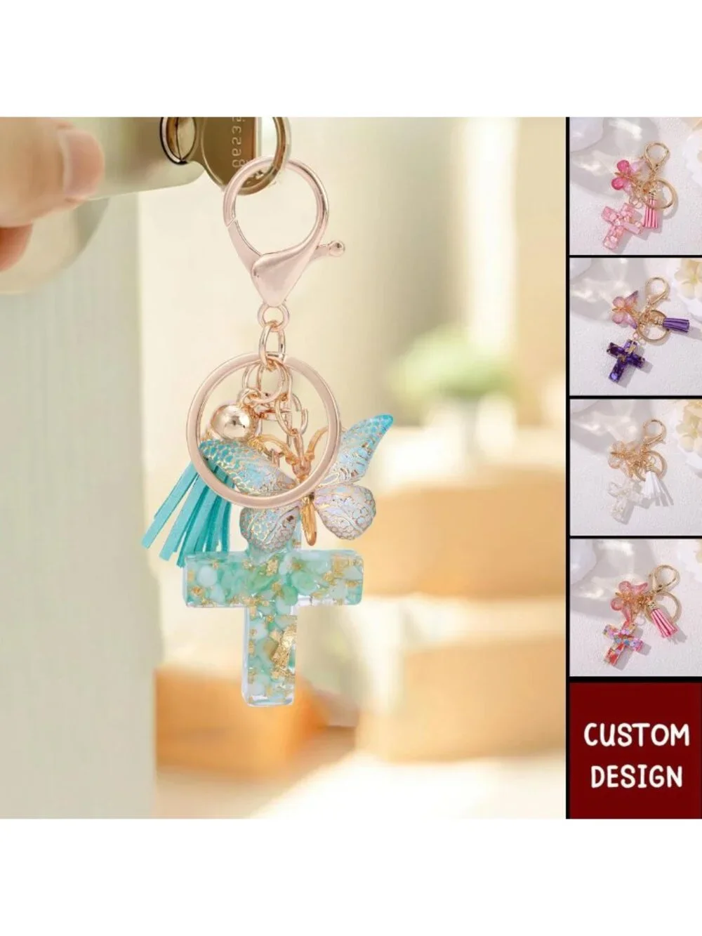 Christian Cross Keychain with Tassels & Butterfly Charm - Resin Jesus Bag